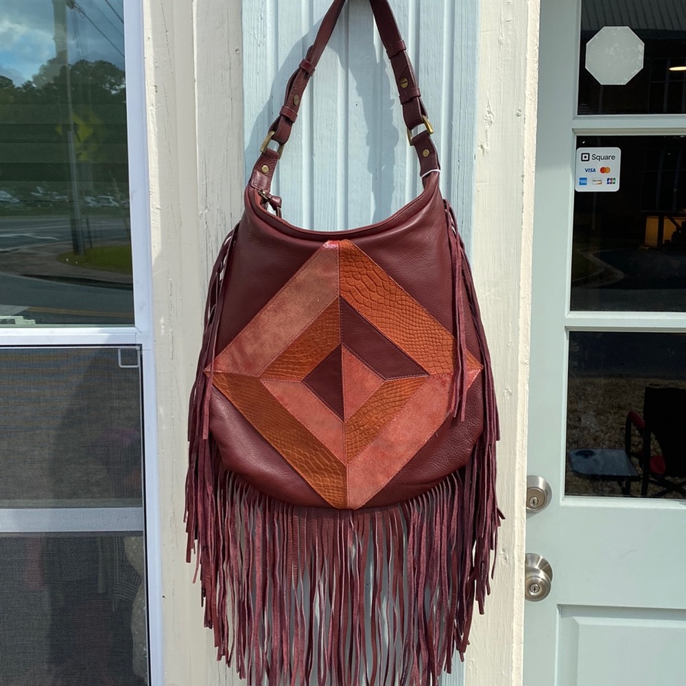 Sharif burgundy multi colored leather fringe large leather bag